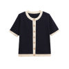 Round neck contrasting color breasted short sleeved knitted sweater for women